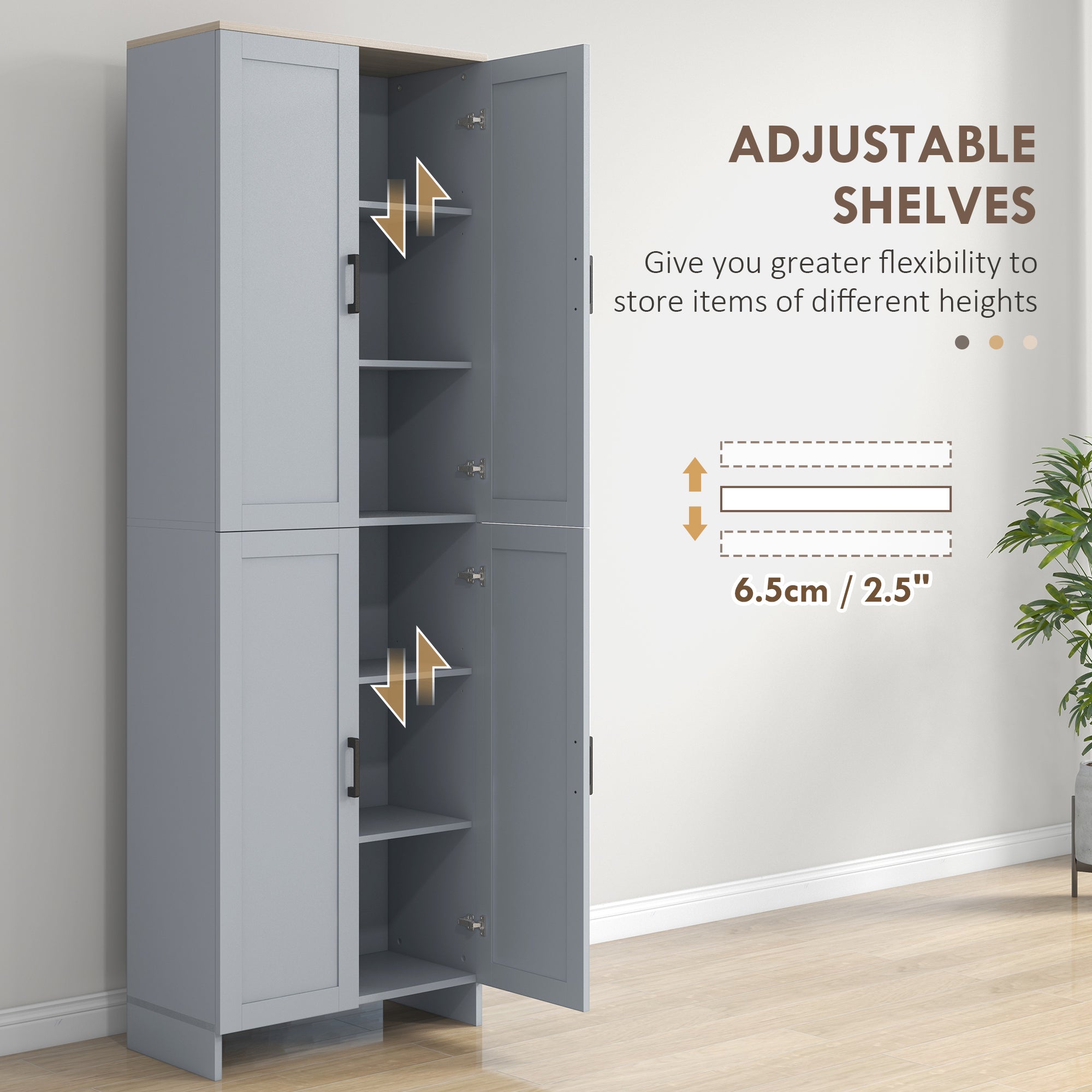 HOMCOM Freestanding Kitchen Cupboard, 4-Door Storage Cabinet with Adjustable Shelves, Modern Kitchen Pantry for Dining Room, 170cm, Grey